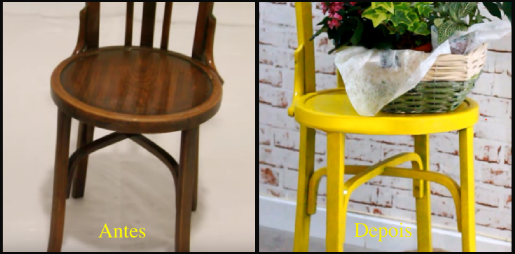 o antes e o depois da cadeira pintada com spray