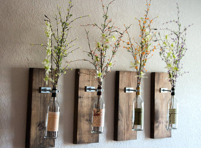 4 floreros garrafa vinho pendurados madeira restaurada