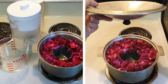 pétalas de rosas dentro de uma panela com agua